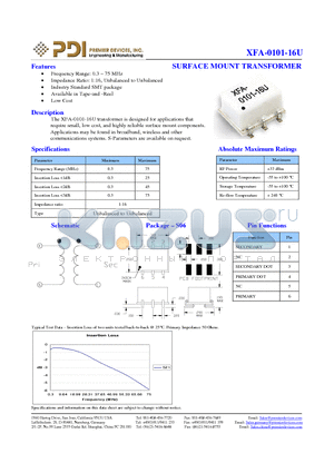 XFA-0101-16U datasheet - SURFACE MOUNT TRANSFORMER