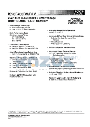 IS28F400BVT datasheet - 262,144 x 16/524,288 x 8 SmartVoltage BOOT BLOCK FLASH MEMORY