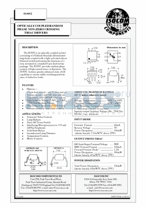 IS3052 datasheet - OPTICALLY COUPLED RANDOM PHASE NON-ZERO CROSSING TRIAC DRIVERS