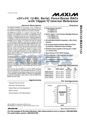 MAX5123BEEE datasheet - 5V/3V, 12-Bit, Serial, Force/Sense DACs with 10ppm/`C Internal Reference