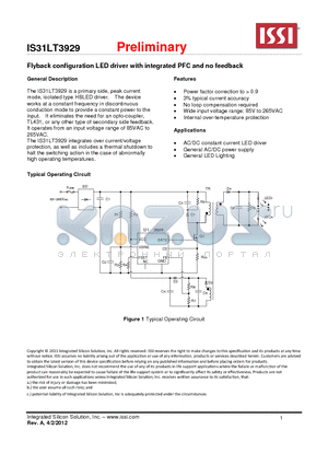 IS31LT3929 datasheet - Flyback configuration LED driver with integrated PFC and no feedback