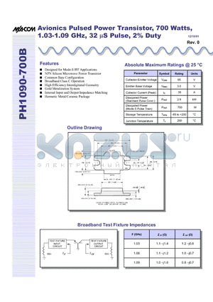 PH1090-700B datasheet - Avionics Pulsed Power Transistor, 700 Watts,1.03-1.09 GHz, 32 mS Pulse, 2% Duty