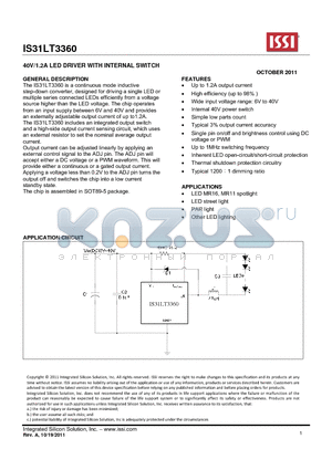 IS31LT3360 datasheet - 40V/1.2A LED DRIVER WITH INTERNAL SWITCH