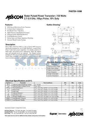 PH2729-150M datasheet - Radar Pulsed Power Transistor-150 Watts 2.7-2.9 GHz, 100ms Pulse, 10% Duty