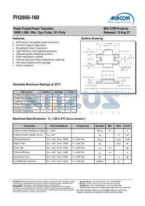 PH2856-160 datasheet - Radar Pulsed Power Transistor 160W, 2.856 GHz, 12ls Pulse, 10% Duty