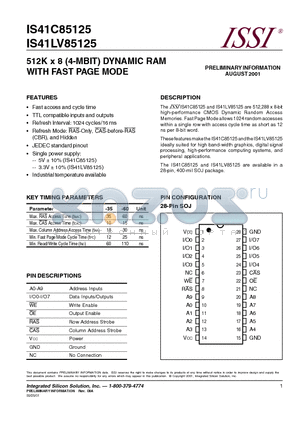 IS41C85125 datasheet - 512K x 8 (4-MBIT) DYNAMIC RAM WITH FAST PAGE MODE