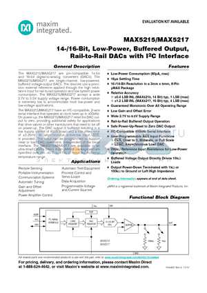 MAX5215 datasheet - 14-/16-Bit, Low-Power, Buffered Output,Rail-to-Rail DACs with I2C Interface