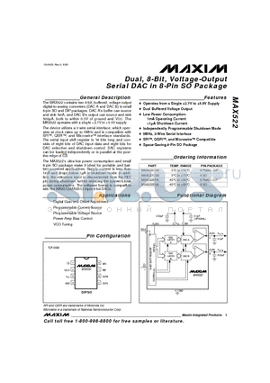 MAX522 datasheet - Dual, 8-Bit, Voltage-Output Serial DAC in 8-Pin SO Package