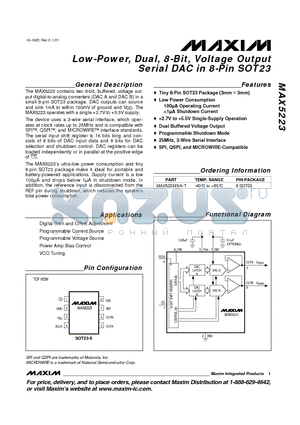 MAX5223 datasheet - Low - Power, Dual, 8 - Bit, Voltage Output Serial DAC in 8 - Pin SOT23