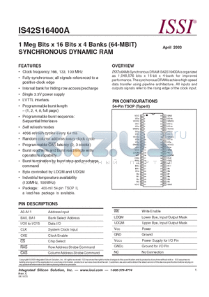 IS42S16400A datasheet - 1 Meg Bits x 16 Bits x 4 Banks (64-MBIT) SYNCHRONOUS DYNAMIC RAM
