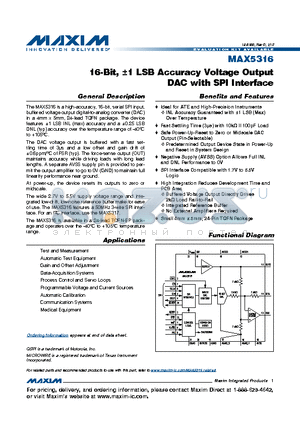 MAX5316GTG+ datasheet - 16-Bit, a1 LSB Accuracy Voltage Output DAC with SPI Interface