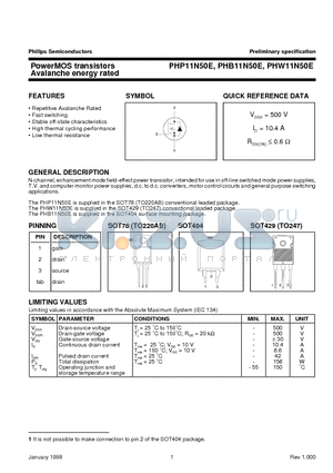 PHP11N50E datasheet - PowerMOS transistors Avalanche energy rated