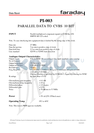 PI-003 datasheet - PARALLEL DATA TO CVBS 10 BIT