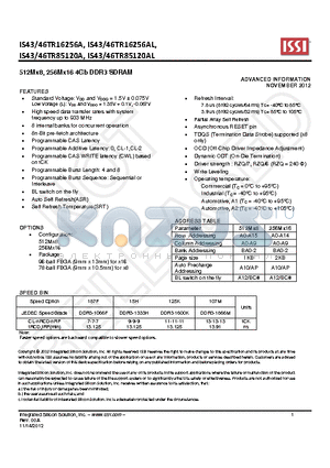 IS43TR16256A datasheet - 512Mx8, 256Mx16 4Gb DDR3 SDRAM