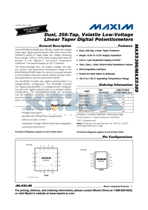 MAX5386NATE+ datasheet - Dual, 256-Tap, Volatile Low-Voltage Linear Taper Digital Potentiometers