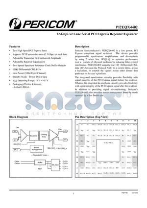 PI2EQX4402NBE datasheet - 2.5Gbps x2 Lane Serial PCI Express Repeater/Equalizer