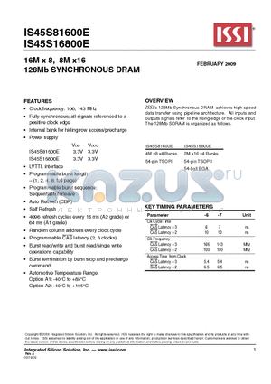 IS45S81600E datasheet - 16M x 8, 8M x16 128Mb SYNCHRONOUS DRAM