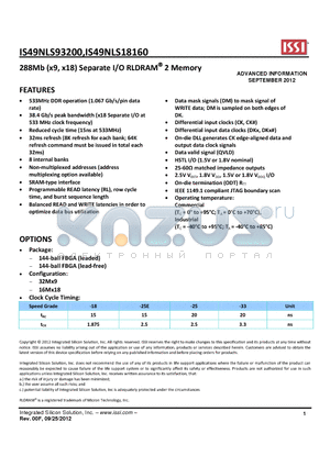 IS49NLS18160 datasheet - 288Mb (x9, x18) Separate I/O RLDRAM 2 Memory