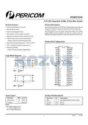 PI3B32X245 datasheet - 3.3V, Hot Insertion 16-Bit, 2-Port Bus Switch