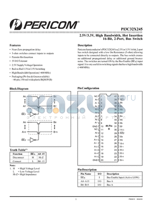 PI3C32X245 datasheet - 2.5V/3.3V, High Bandwidth, Hot Insertion 16-Bit, 2-Port, Bus Switch