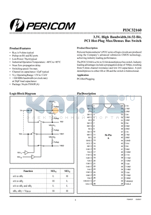 PI3C32160 datasheet - 3.3V, High Bandwidth,16:32-Bit, PCI Hot-Plug Mux/Demux Bus Switch