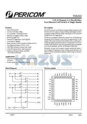 PI3L510ZFE datasheet - 3.3V, 4-Channel, 2:1, Mux/DeMux Fast Ethernet LAN Switch w/ Single Enable