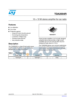 TDA2004R datasheet - 10  10 W stereo amplifier for car radio