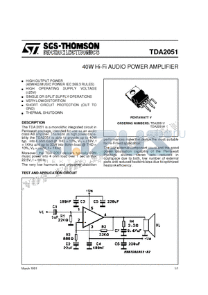 TDA2051V datasheet - 40W Hi-Fi AUDIO POWER AMPLIFIER