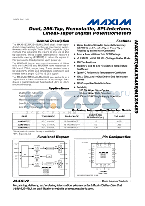 MAX5487ETE datasheet - Dual, 256-Tap, Nonvolatile, SPI-Interface, Linear-Taper Digital Potentiometers