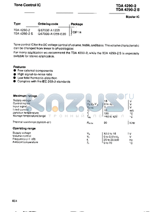 TDA4290-2 datasheet - TONE CONTROL IC