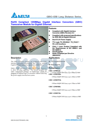 GBIC-1250B5VS datasheet - RoHS Compliant 1250Mbps Gigabit Interface Converters (GBIC) Transceiver Module for Gigabit Ethernet