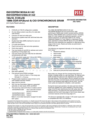 IS61DDPB41M18A/A1/A2 datasheet - 1Mx18, 512Kx36 18Mb DDR-IIP(Burst 4) CIO SYNCHRONOUS SRAM