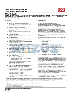 IS61DDPB42M36A/A1/A2 datasheet - 4Mx18, 2Mx36 72Mb DDR-IIP(Burst 4) CIO SYNCHRONOUS SRAM