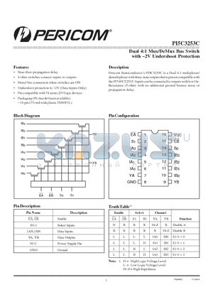 PI5C3253CL datasheet - Dual 4:1 Mux/DeMux Bus Switch with-2V Undershoot Protection