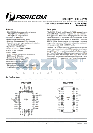 PI6C3Q993-5IQ datasheet - 3.3V Programmable Skew PLL Clock Driver