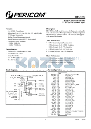 PI6C410BVE datasheet - Clock Generator for Intel PCI-Express Server Chipset