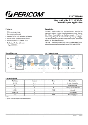 PI6CX100-00WE datasheet - 19.44 to 40 MHz, 3.3V, VCXO for General Purpose Applications