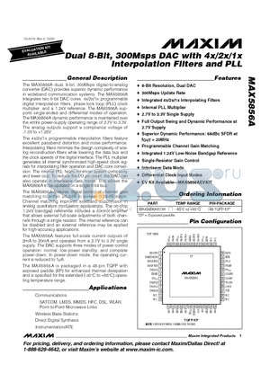 MAX5856AECM datasheet - Dual 8-Bit, 300Msps DAC with 4x/2x/1x Interpolation Filters and PLL
