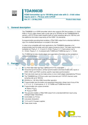 TDA9983B datasheet - HDMI transmitter up to 150 MHz pixel rate with 3 d 8-bit video inputs and 4 d I2S-bus with S/PDIF