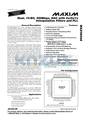MAX5858AECM datasheet - Dual, 10-Bit, 300Msps, DAC with 4x/2x/1x Interpolation Filters and PLL