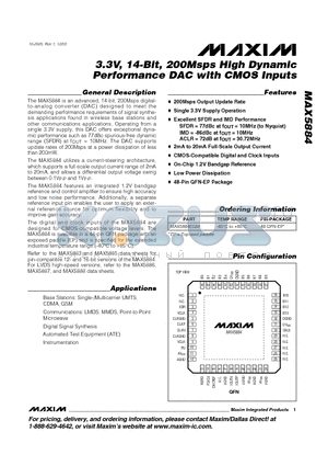 MAX5884EGM datasheet - 3.3V, 14-Bit, 200Msps High Dynamic Performance DAC with CMOS Inputs