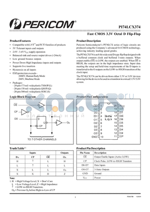 PI74LCX374 datasheet - Fast CMOS 3.3V Octal D Flip-Flop