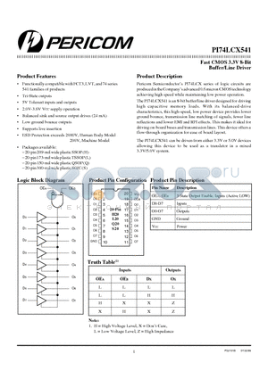 PI74LCX541 datasheet - Fast CMOS 3.3V 8-Bit Buffer/Line Driver