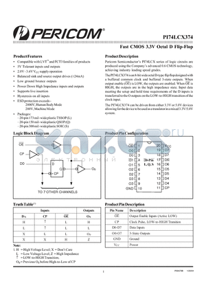 PI74LCX374Q datasheet - Fast CMOS 3.3V Octal D Flip-Flop