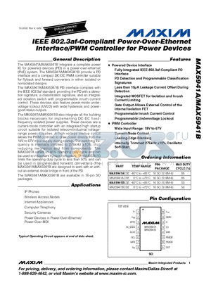 MAX5941A datasheet - IEEE 802.3af-Compliant Power-Over-Ethernet Interface/PWM Controller for Power Devices