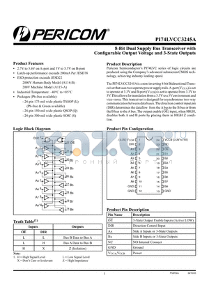 PI74LVCC3245AQ datasheet - 8-Bit Dual Supply Bus Transceiver with Configurable Output Voltage and 3-State Outputs