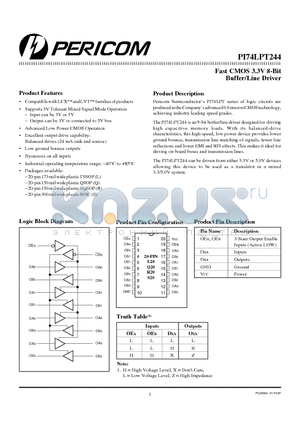 PI74LPT244 datasheet - Fast CMOS 3.3V 8-Bit Buffer/Line Driver