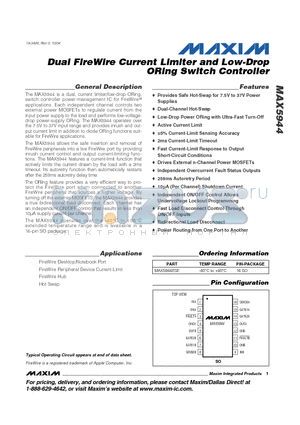 MAX5944 datasheet - Dual FireWire Current Limiter and Low-Drop ORing