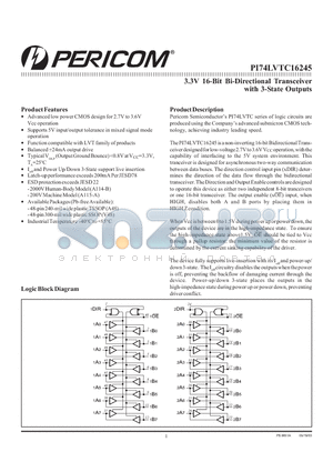 PI74LVTC16245 datasheet - 3.3V 16-Bit Bi-Directional Transceiver with 3-State Outputs