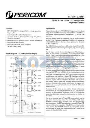 PI74SSTU32864NB datasheet - 25-Bit 1:1 or 14-Bit 1:2 Configurable Registered Buffer